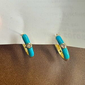 Blue Enamel Painted Diamond Gold Hoops